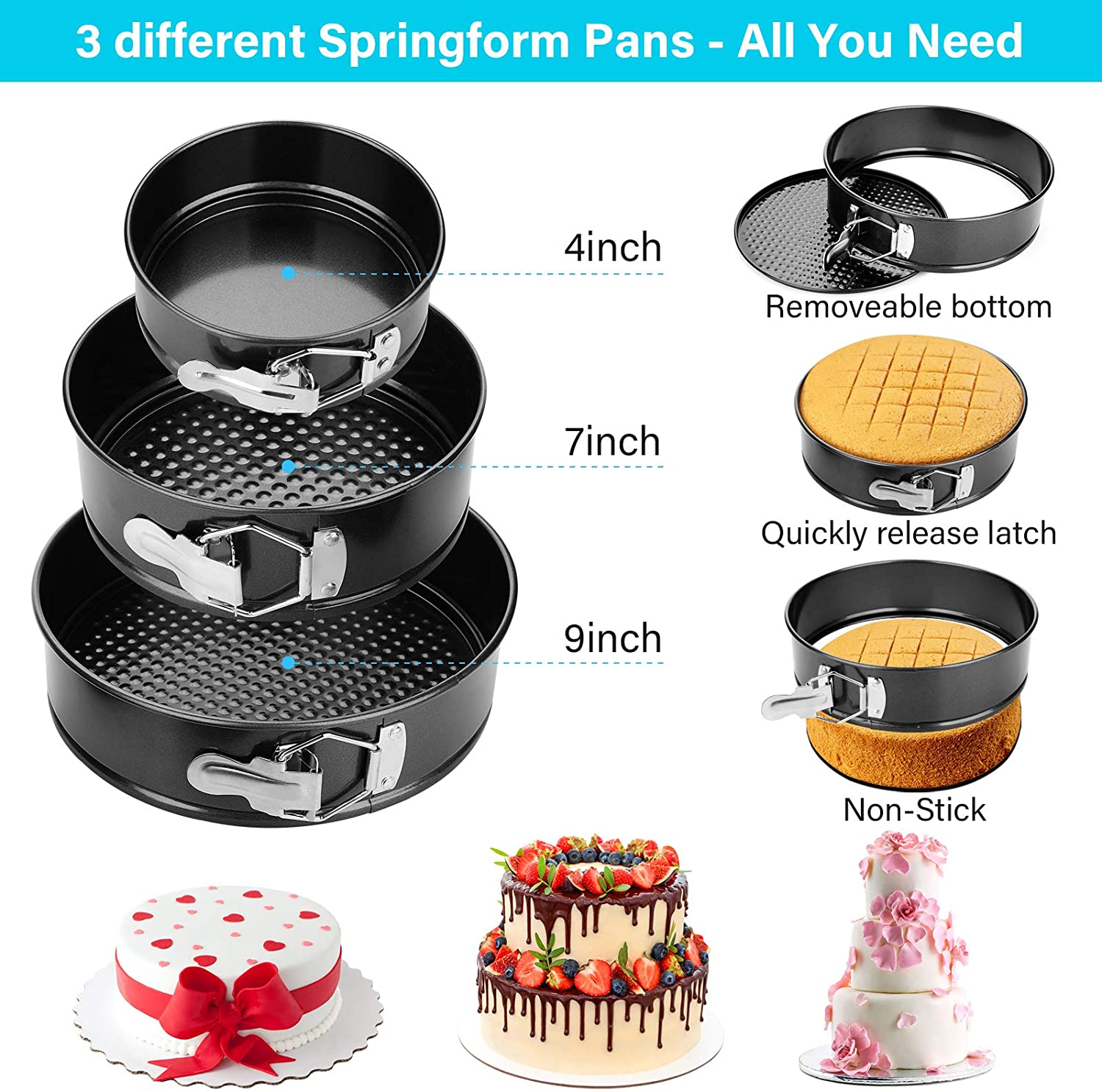 Set of 3pcs Kitchen Springform Pan Tiered Cake Pans 4 7 9 Carbon Steel Oven  Cake Bakeware for Cheesecake